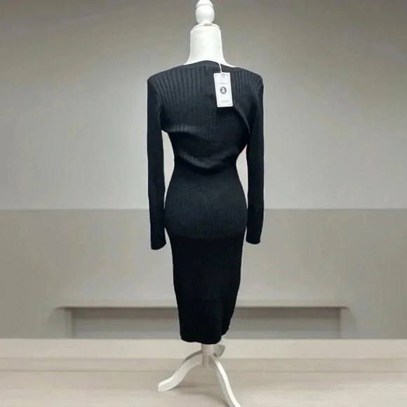 ZESICA Sweater Dress V Neck Long Sleeve Ribbed Knit Waist Slim Fit Bodycon Midi - Picture 2 of 7